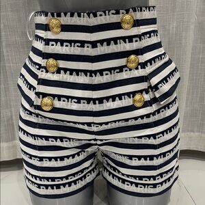 Balmain Navy & White Logo Stripe Denim Shorts with Gold Buttons